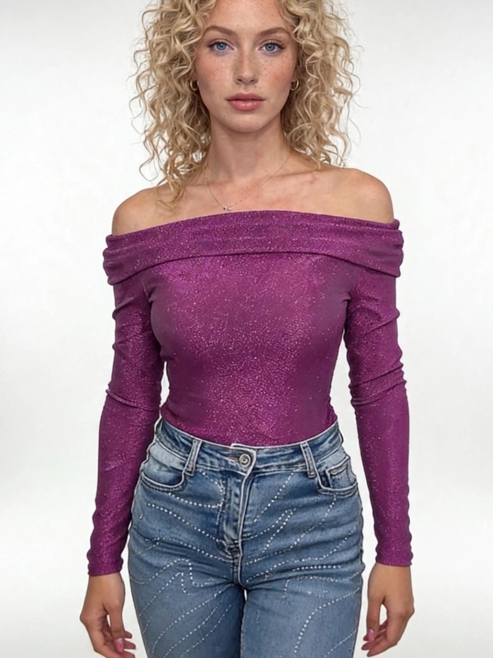 Off-Shoulder Sparkle Long-Sleeve Top in Plum